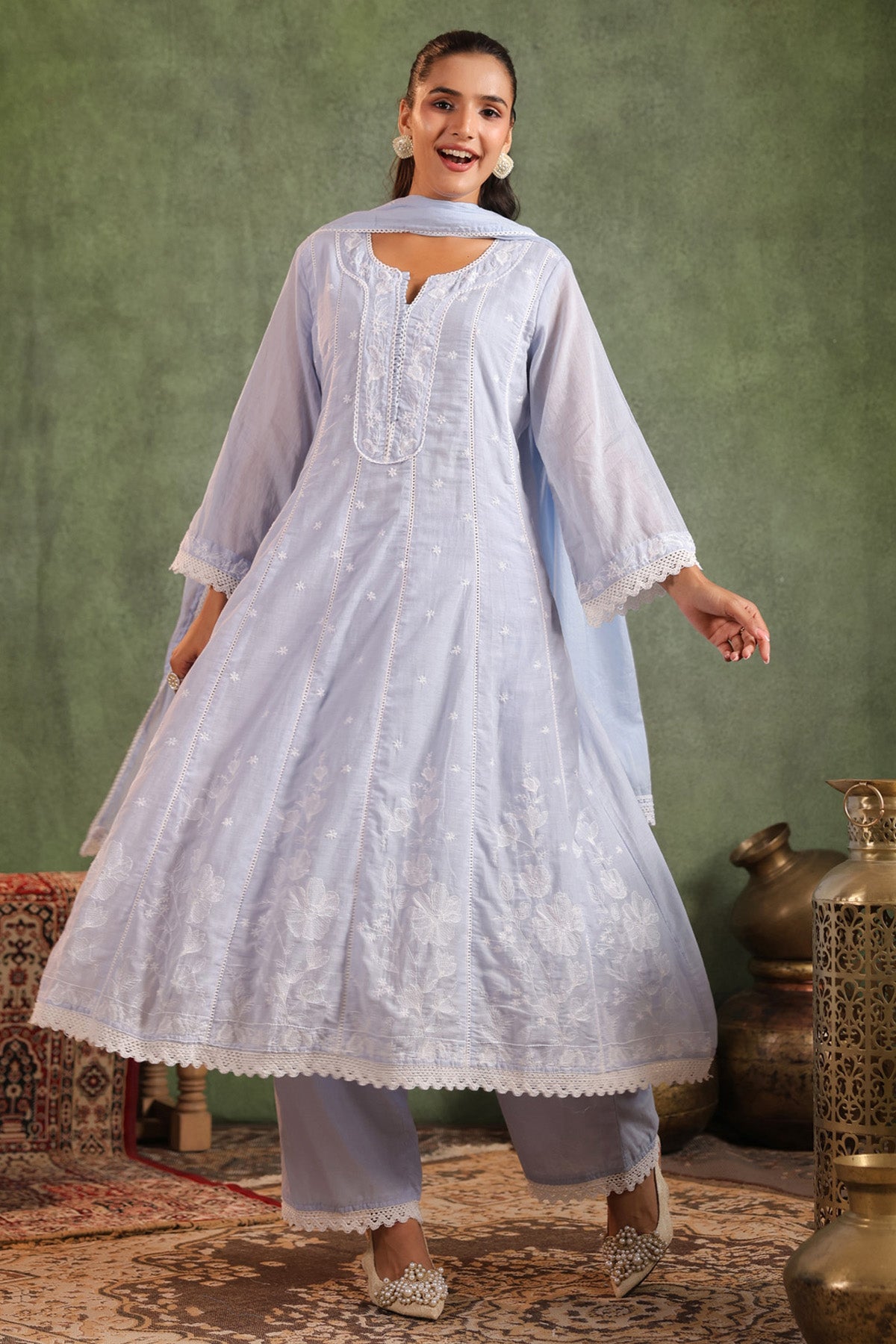 Blue Mul Mul Embroidered Suit Set