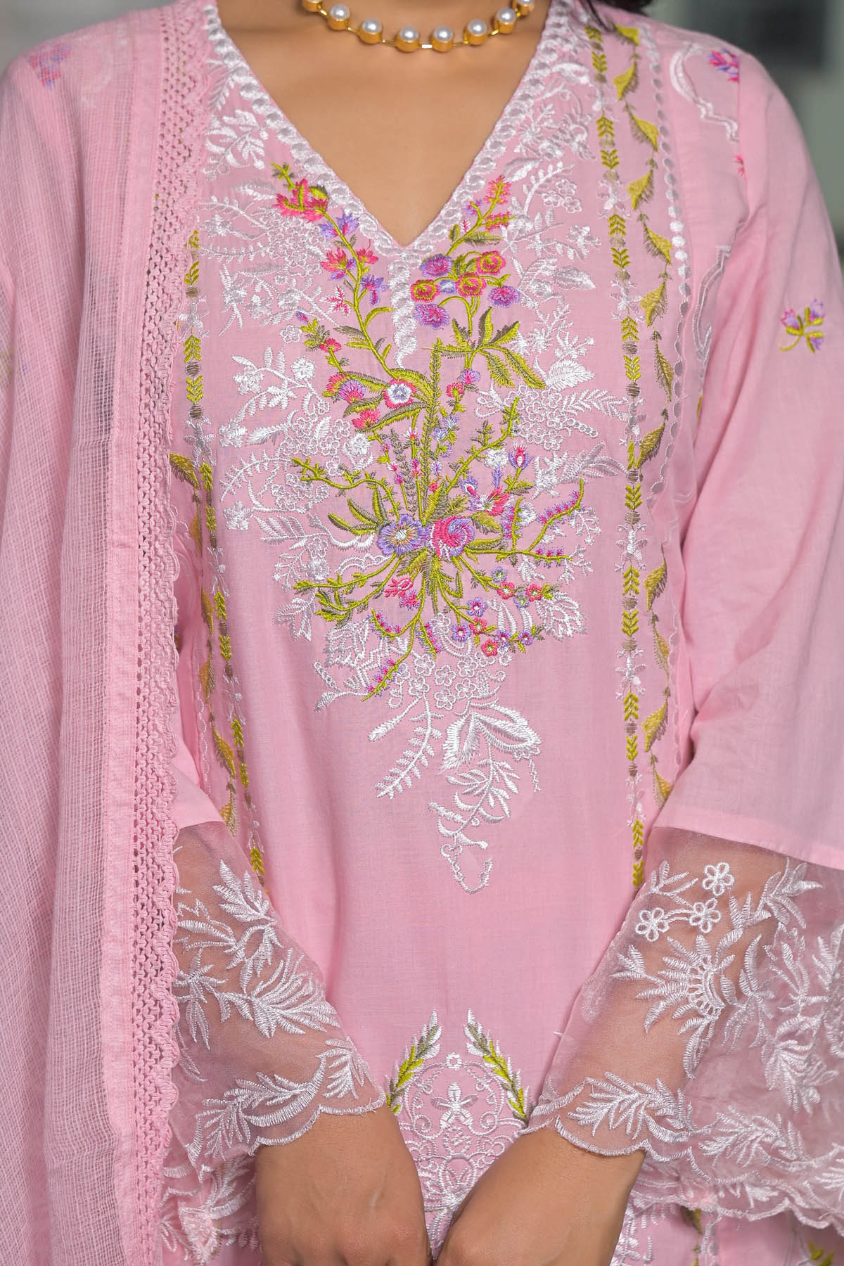 Pink Cotton Embroidered Straight Pakistani Suit Set With Dupatta