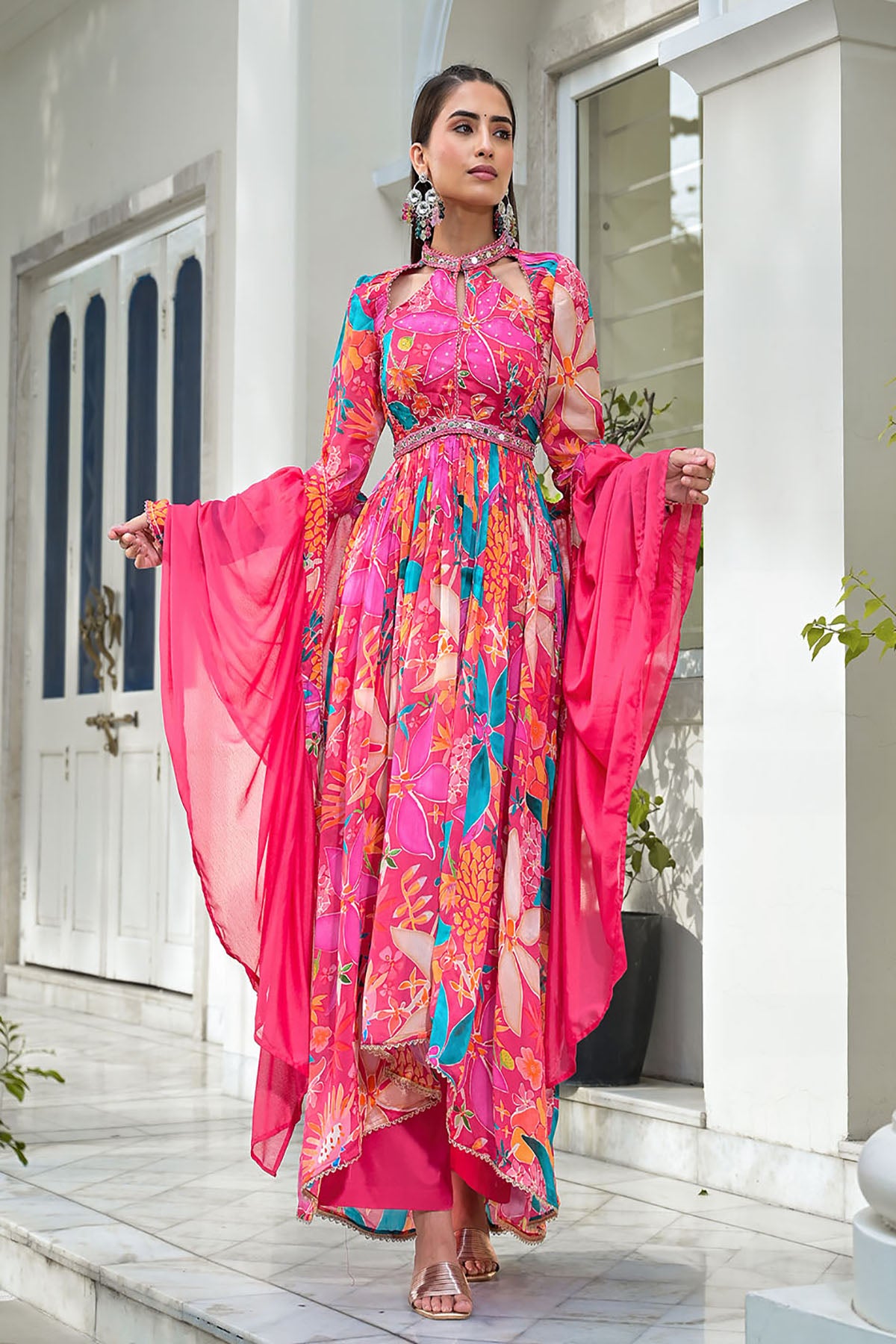 Pink Floral Chinon Handwork Anarkali Suit