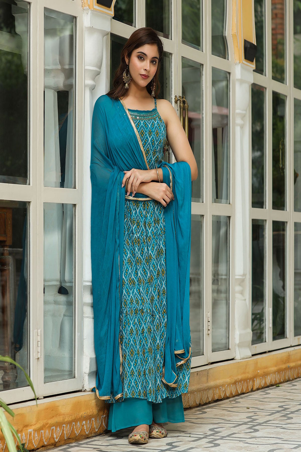 Blue Georgette Handwork Flared Suit