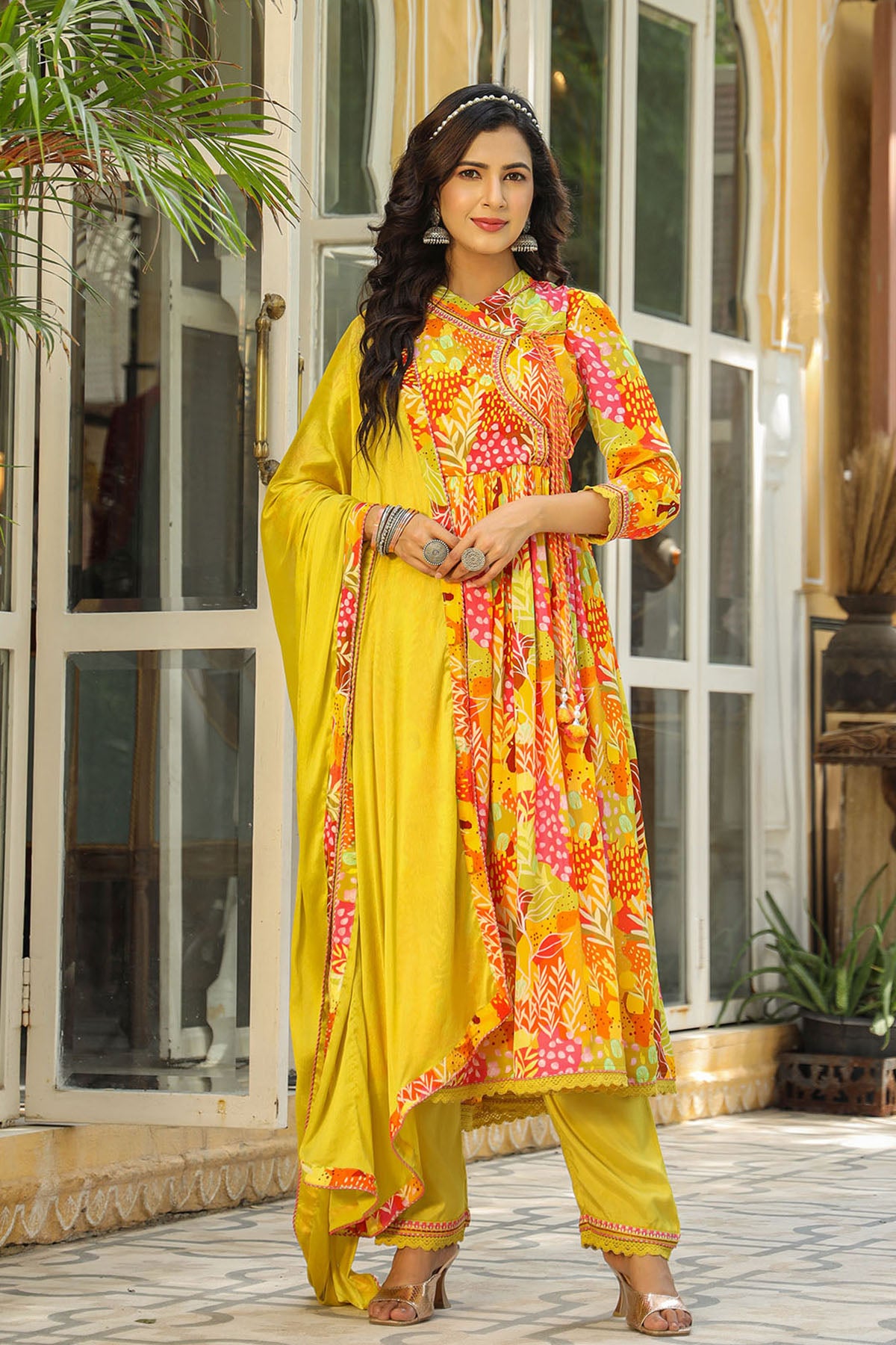 Yellow Multicolor Viscose Crepe Anarkali Suit