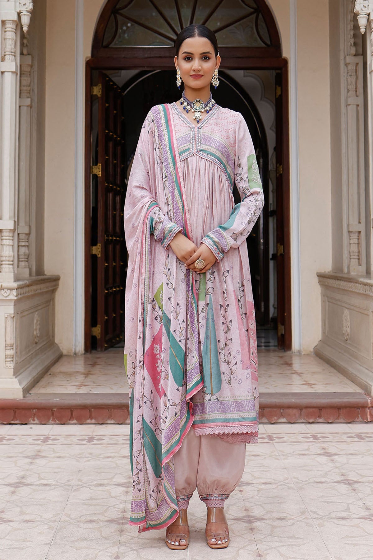 Pink Rayon Printed Anarkali Suit