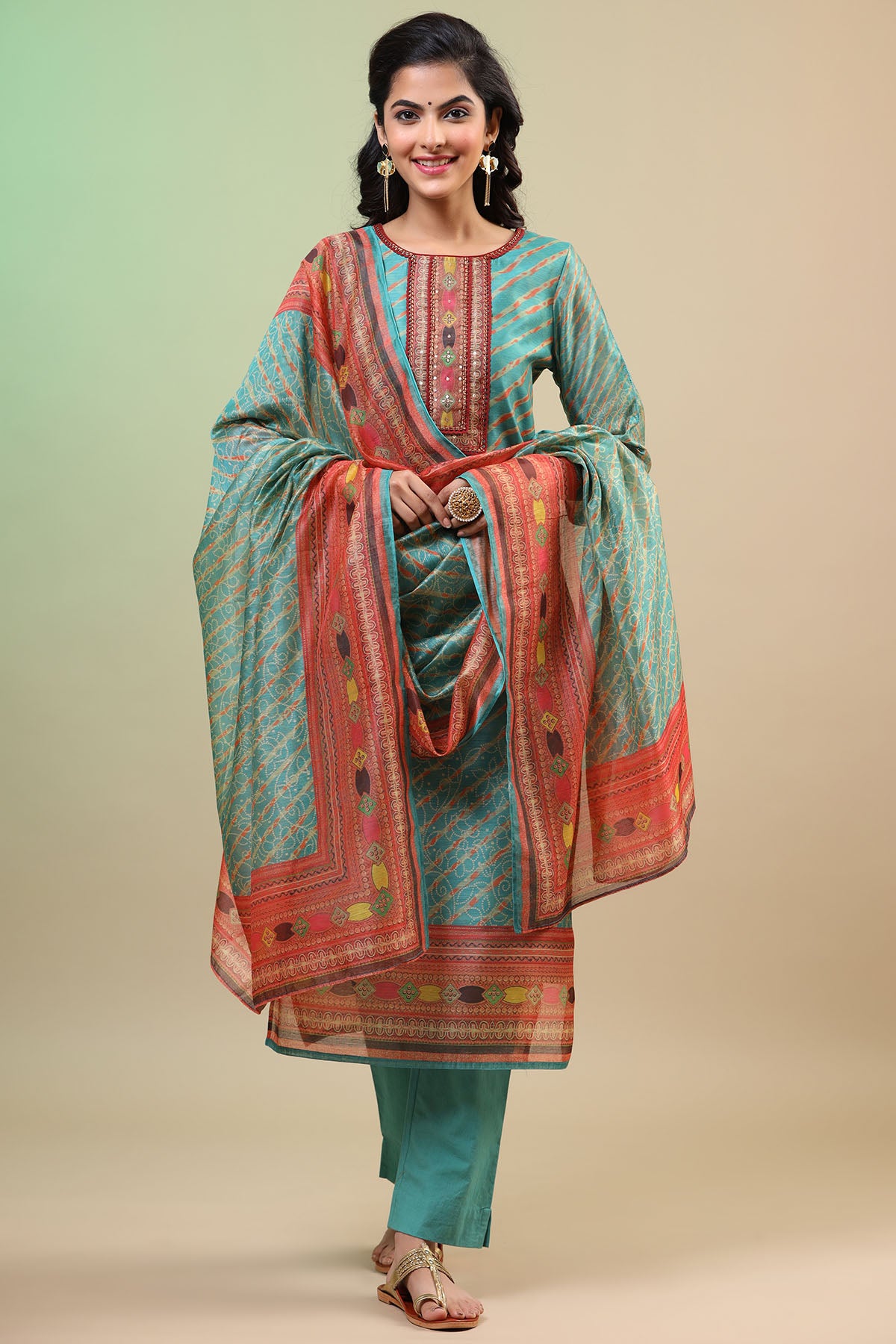 Green Chanderi Printed Straight-Cut Suit