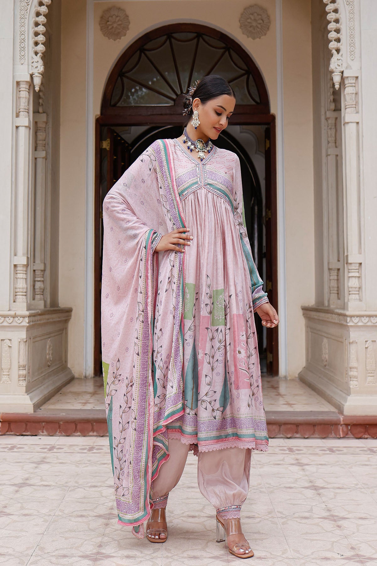 Pink Rayon Printed Anarkali Suit