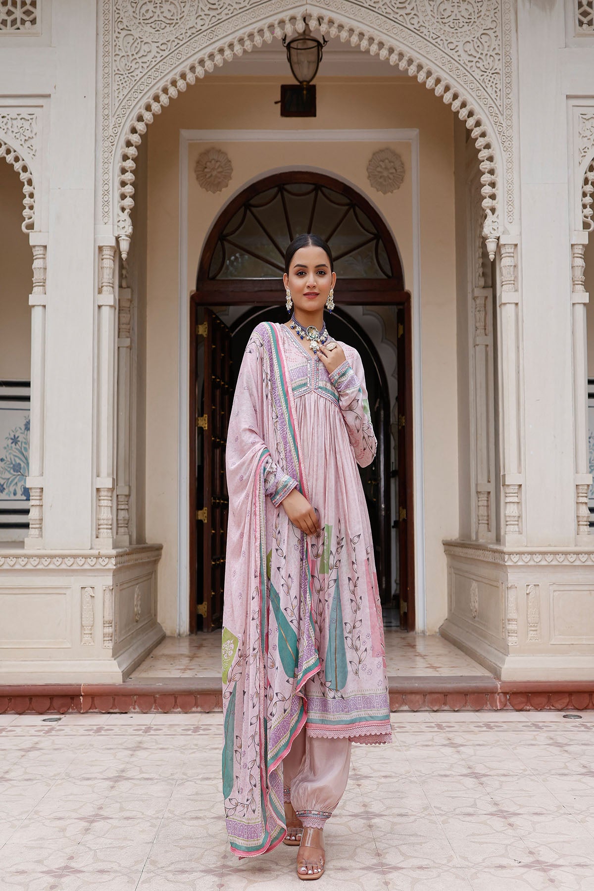 Pink Rayon Printed Anarkali Suit