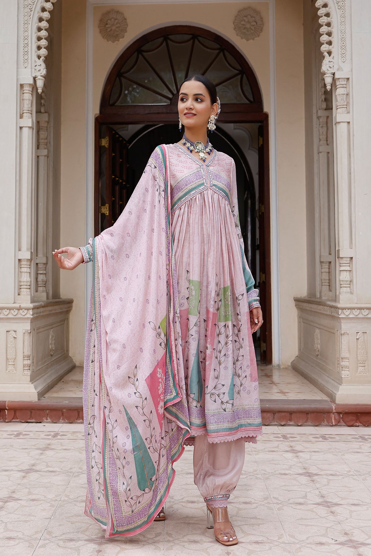 Pink Rayon Printed Anarkali Suit