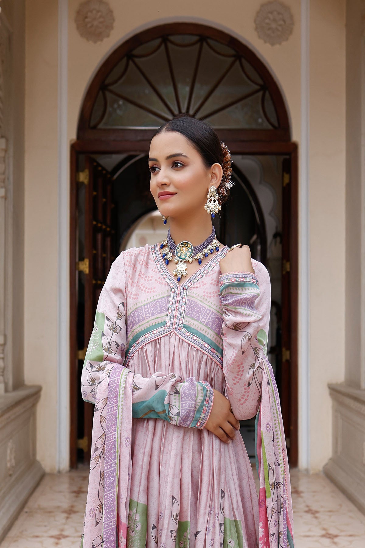 Pink Rayon Printed Anarkali Suit