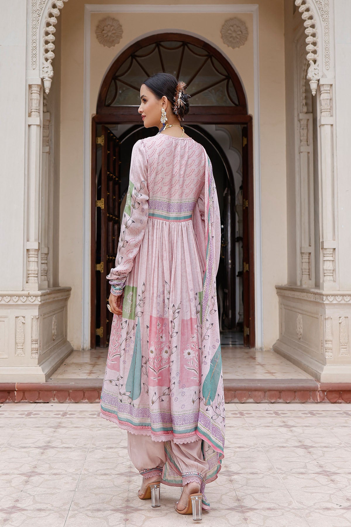 Pink Rayon Printed Anarkali Suit