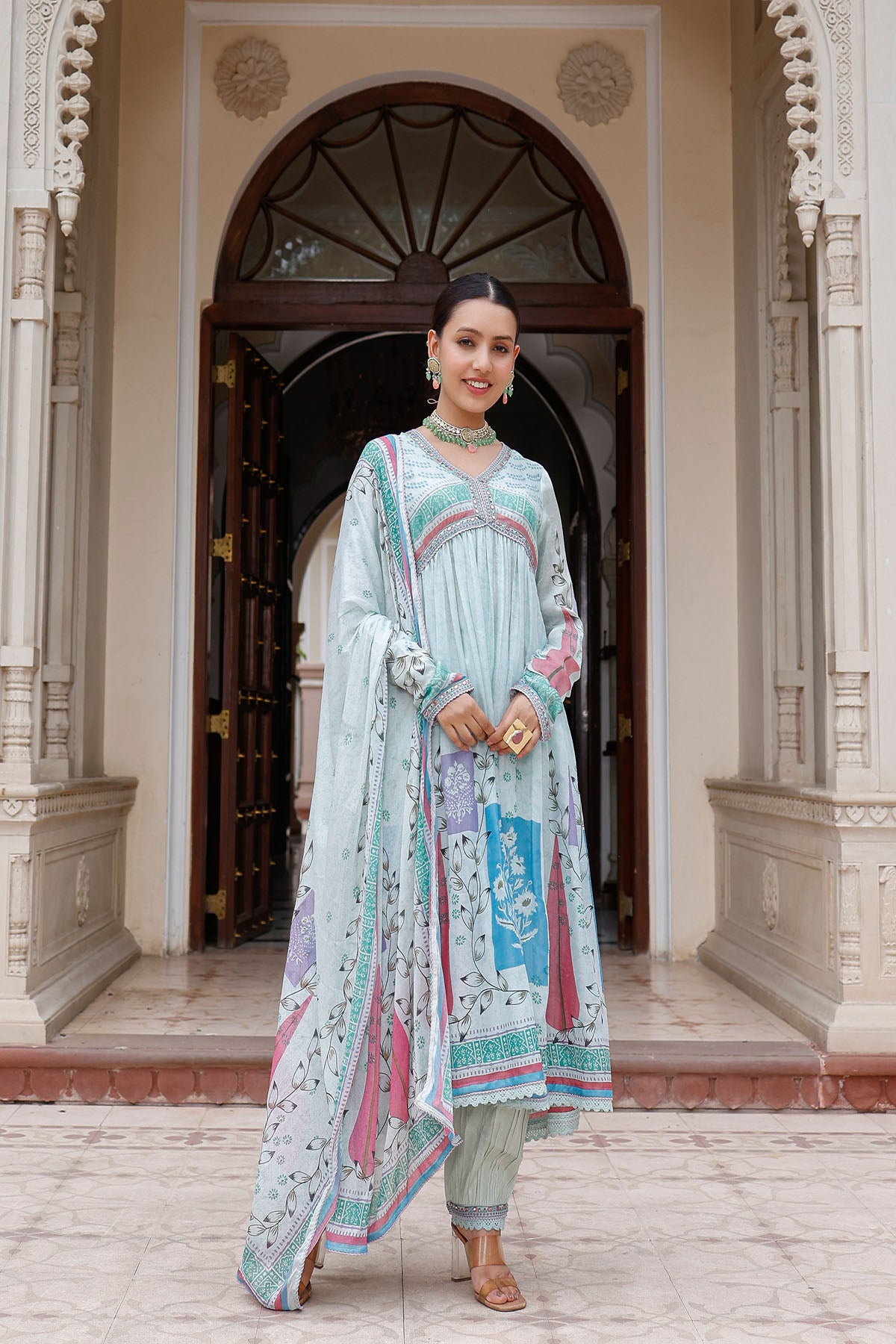 Blue Rayon Printed Anarkali Suit
