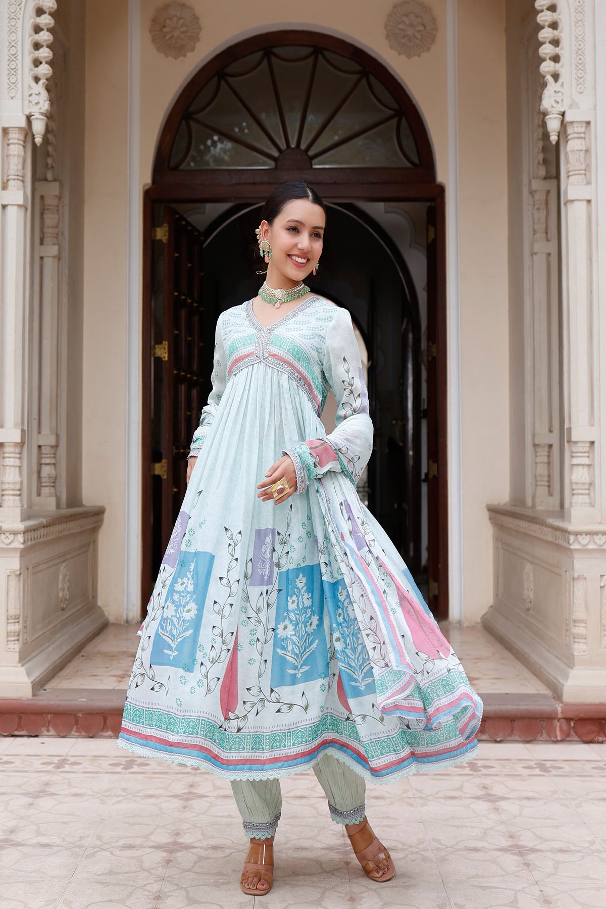 Blue Rayon Printed Anarkali Suit