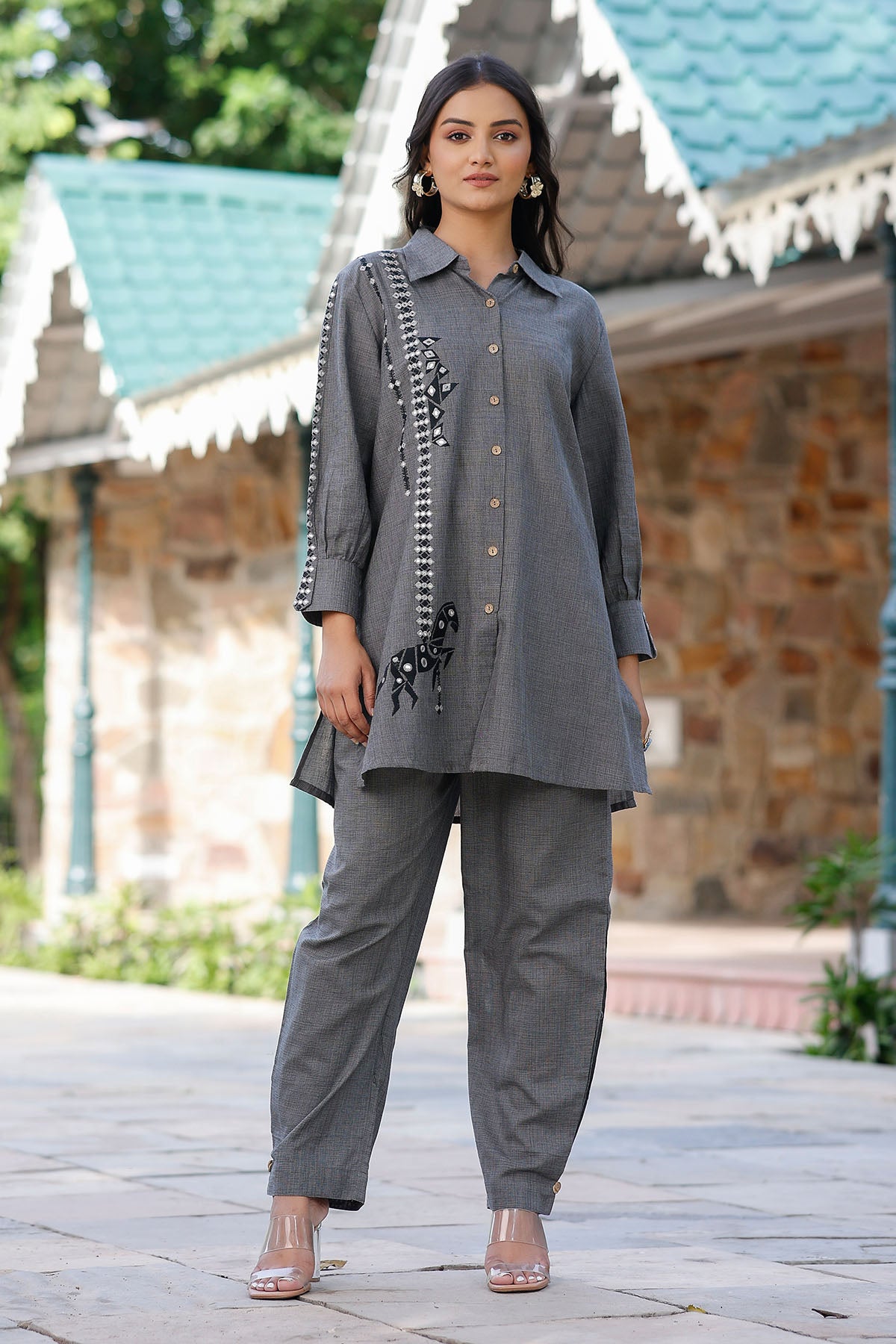 Gray Cotton Embroidered Co-Ord Set