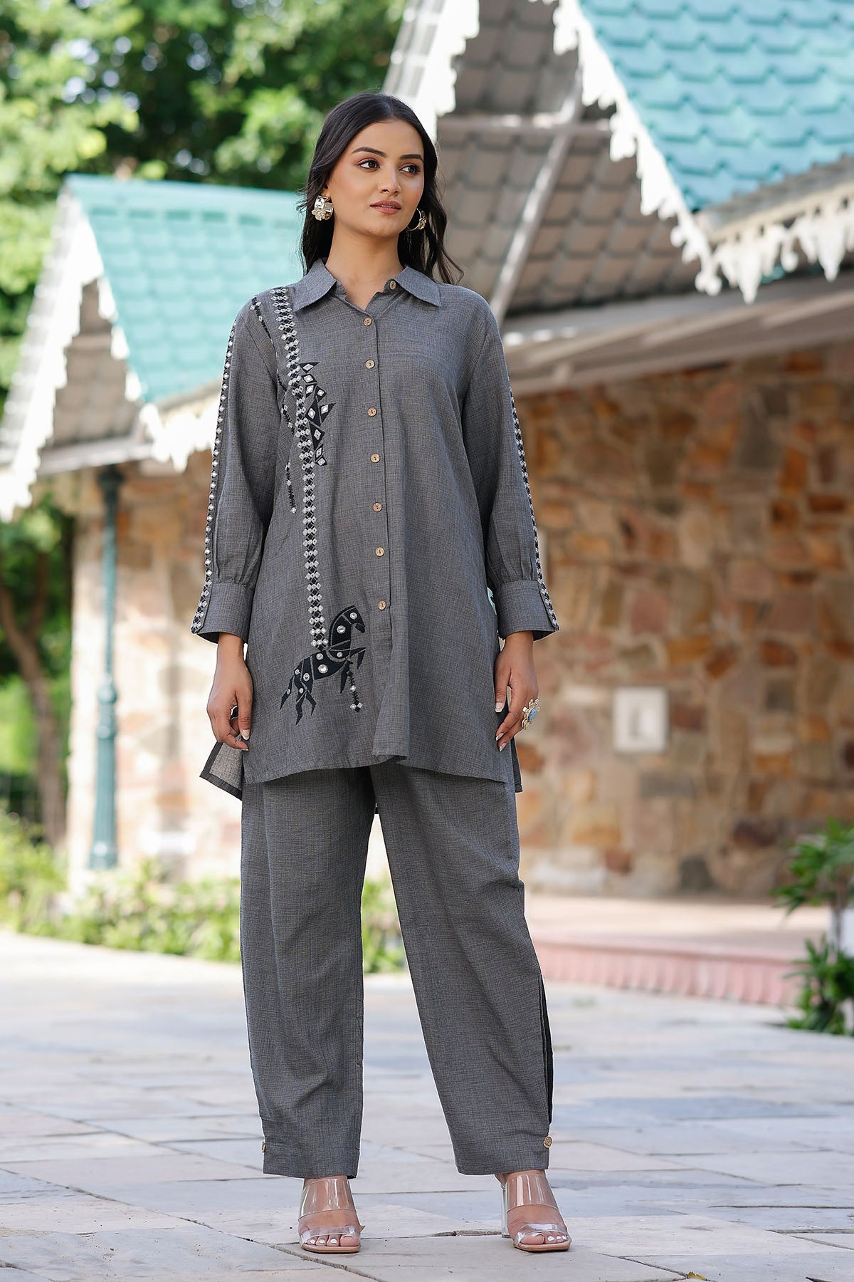 Gray Cotton Embroidered Co-Ord Set