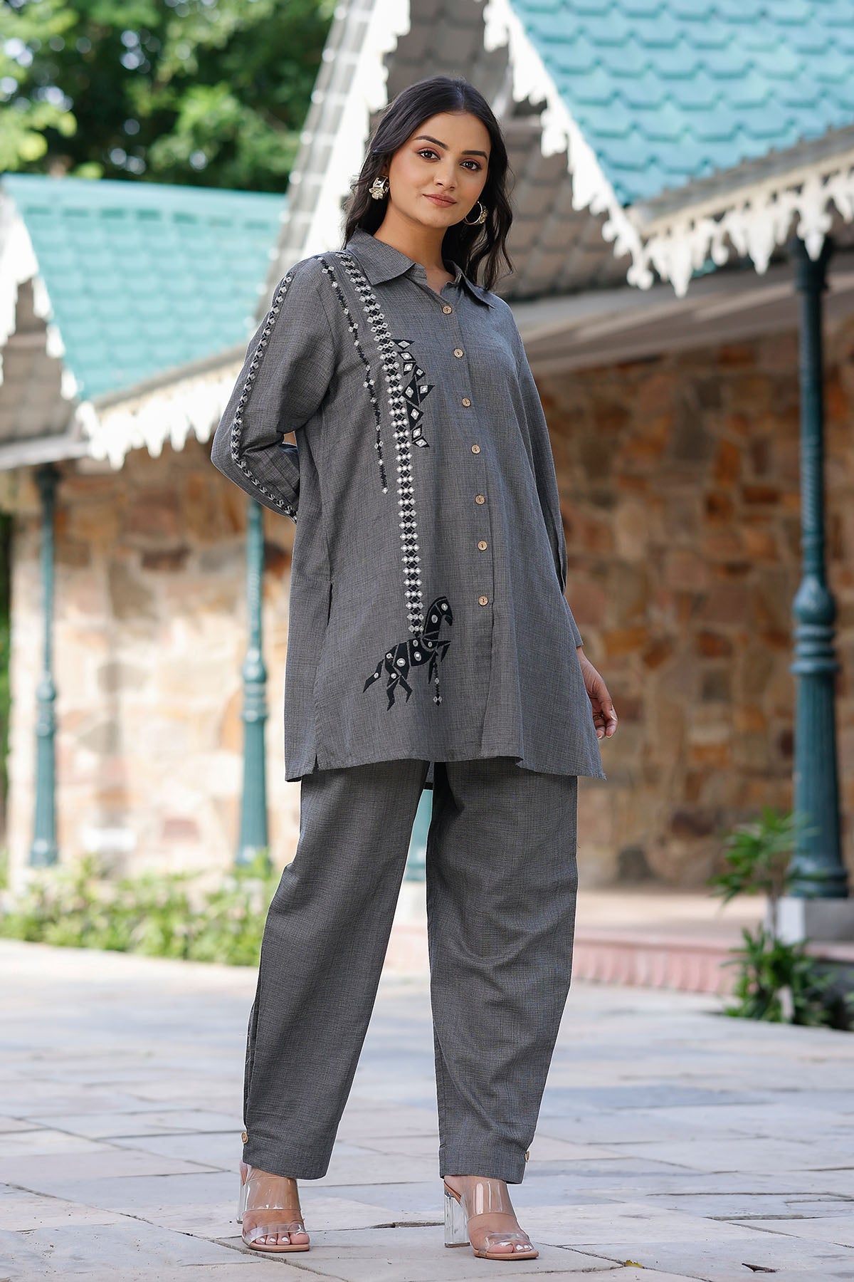 Gray Cotton Embroidered Co-Ord Set