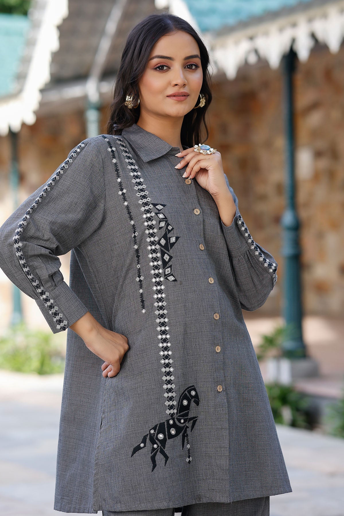 Gray Cotton Embroidered Co-Ord Set