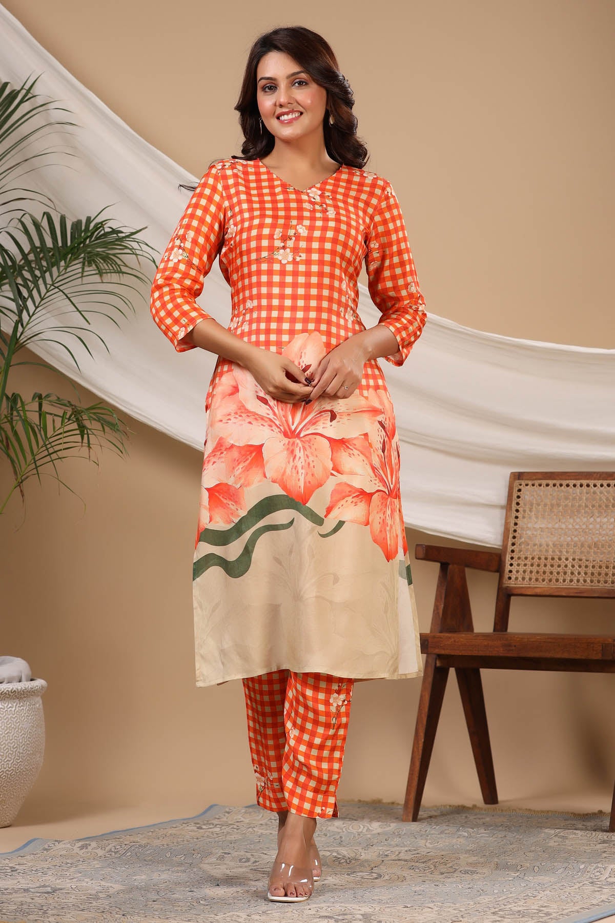 Orange Floral Muslin Printed Co-ord Set