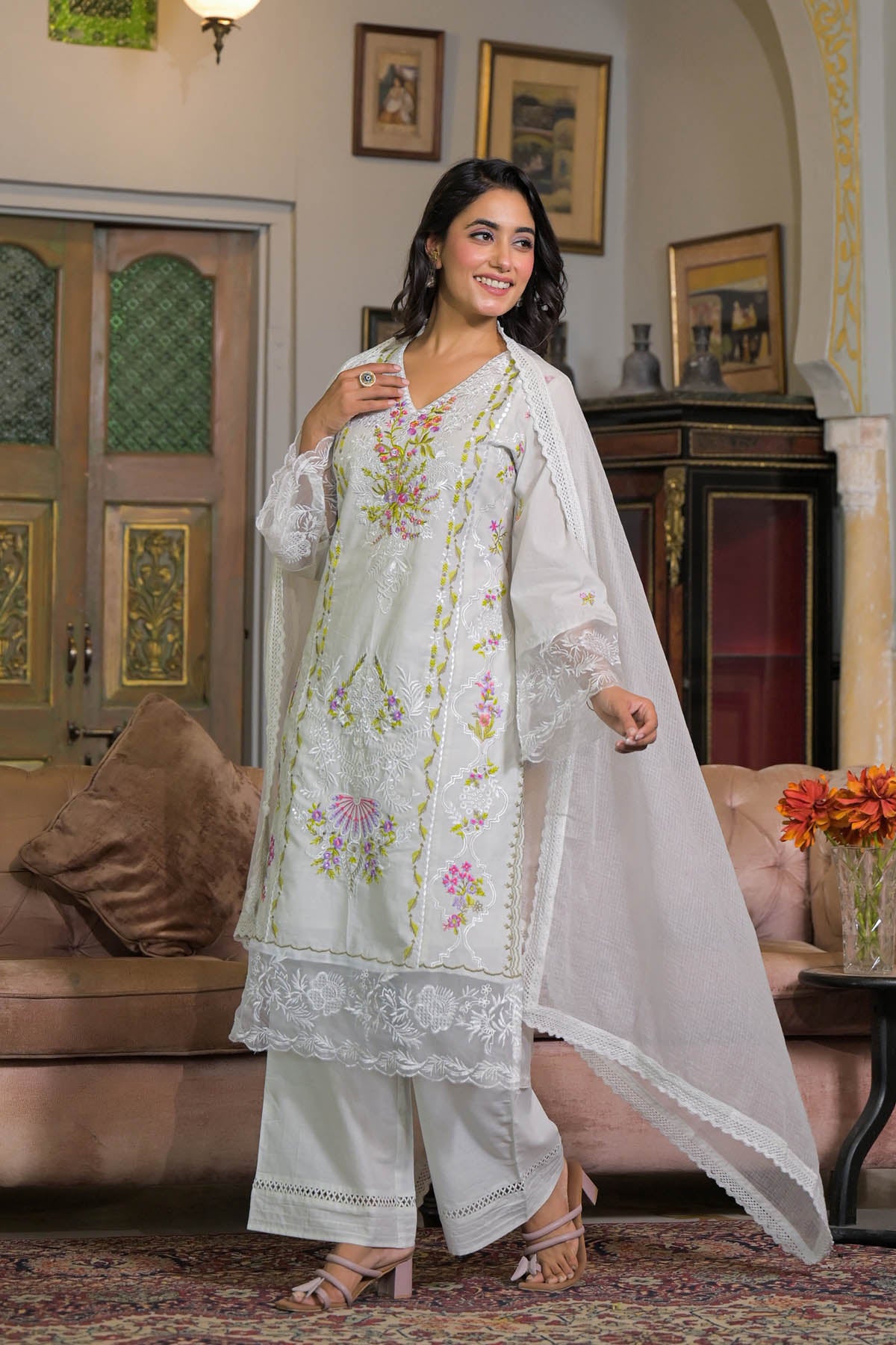 White Cotton Embroidered Straight Pakistani Suit Set with Dupatta