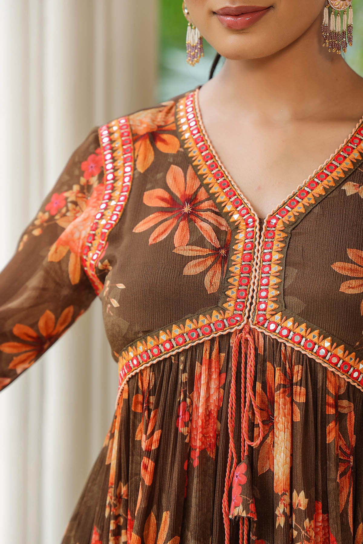 Brown Floral Chinon Printed Anarkali Suit Set