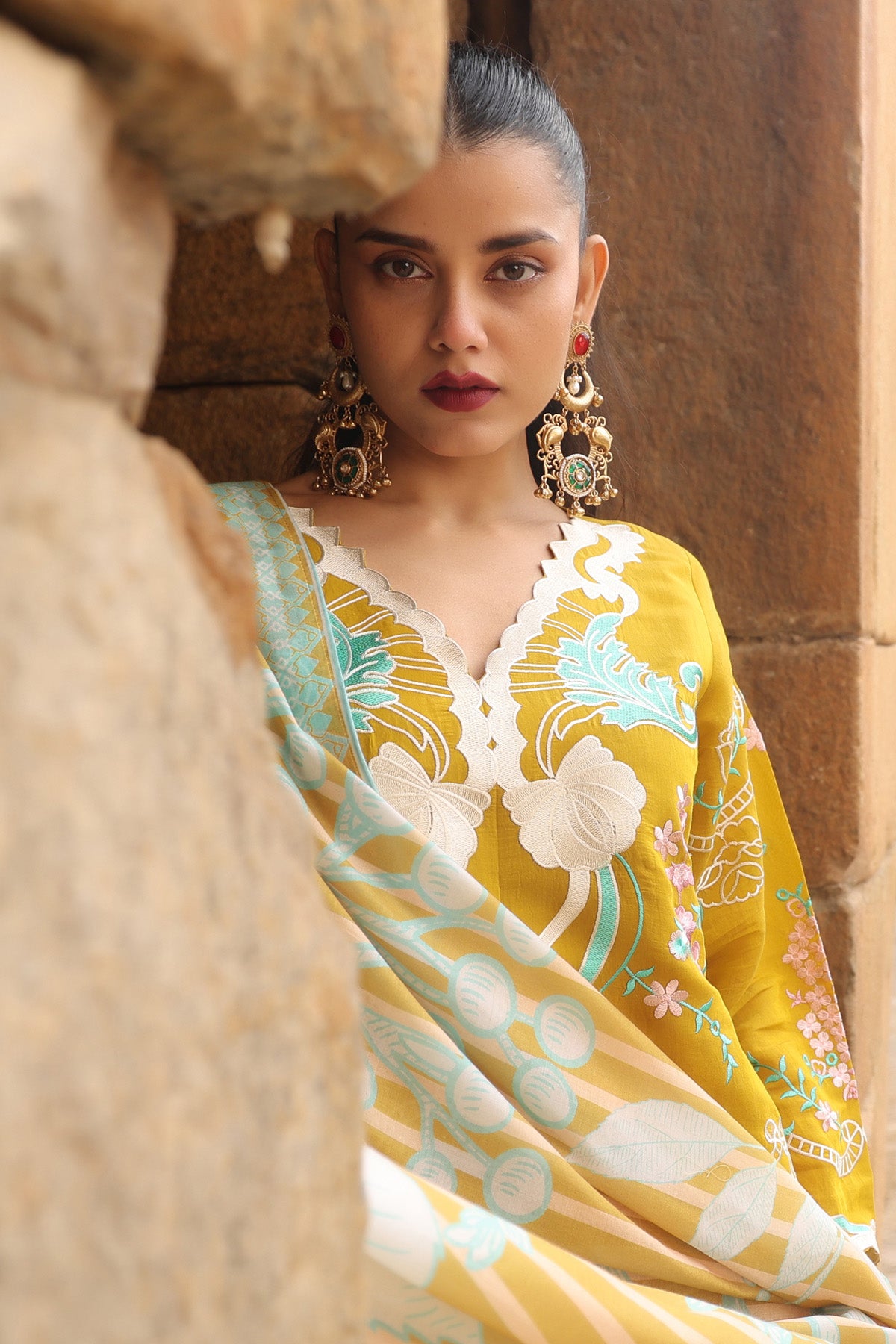 YELLOW MUL CHANDERI STRAIGHT KURTA WITH PANT AND DUPATTA