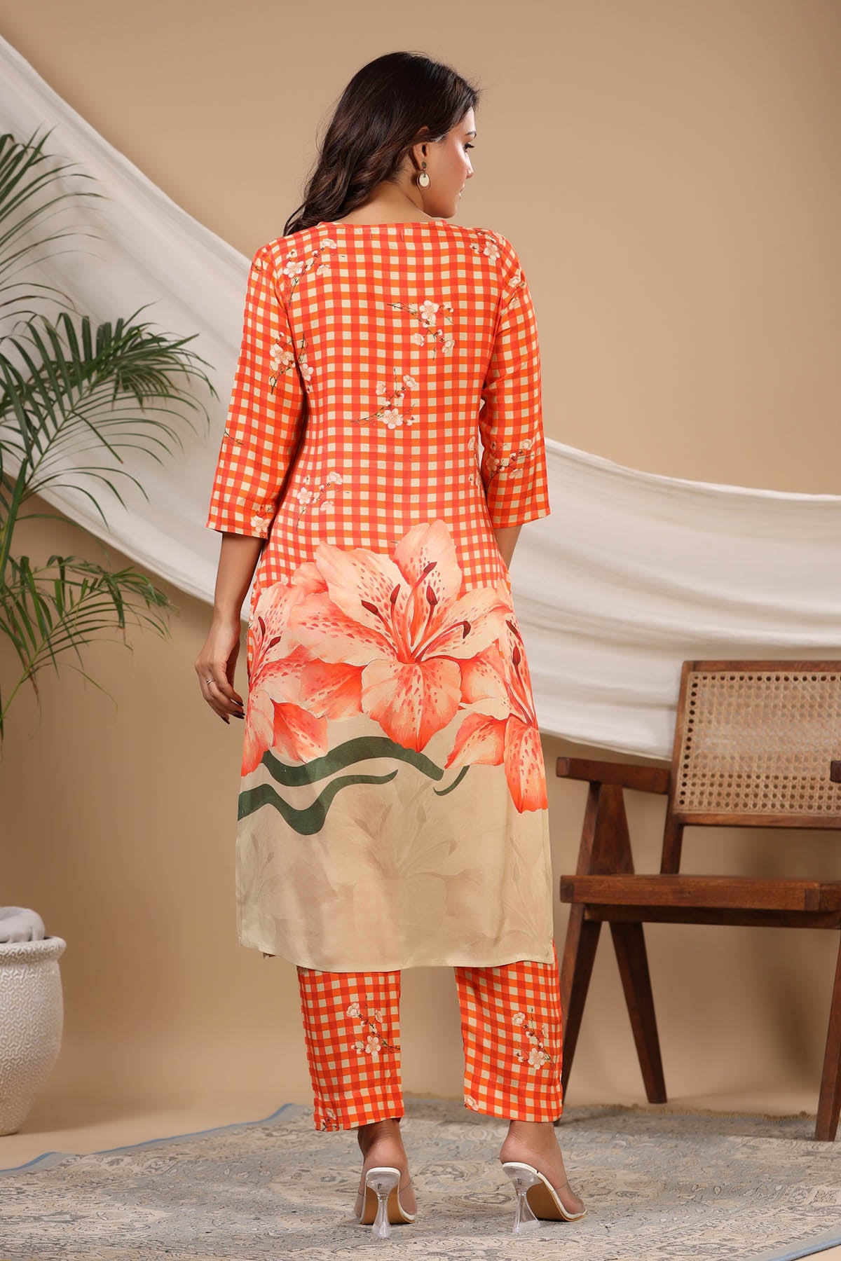 Orange Floral Muslin Printed Co-ord Set