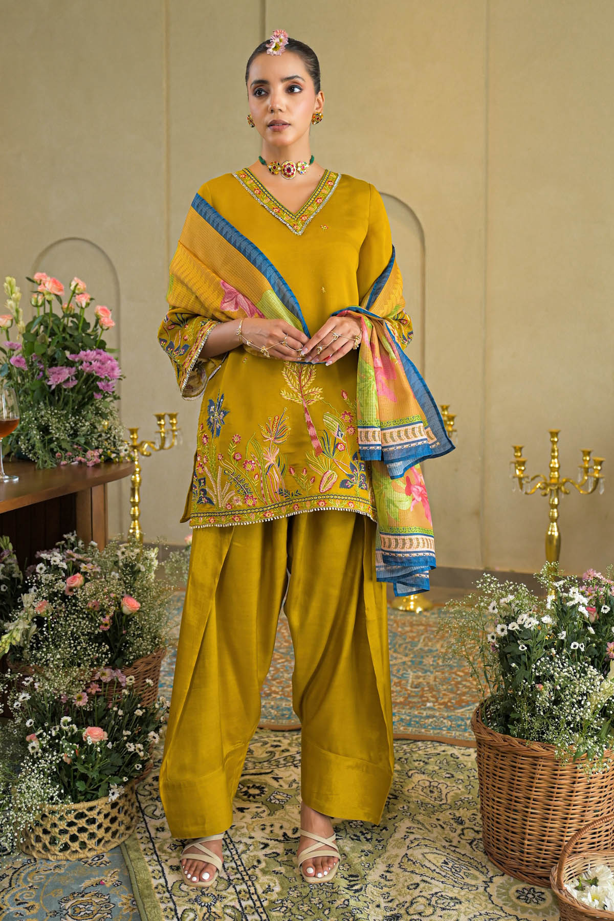 Mustard Chanderi Embroidered Farsi Salwar Set