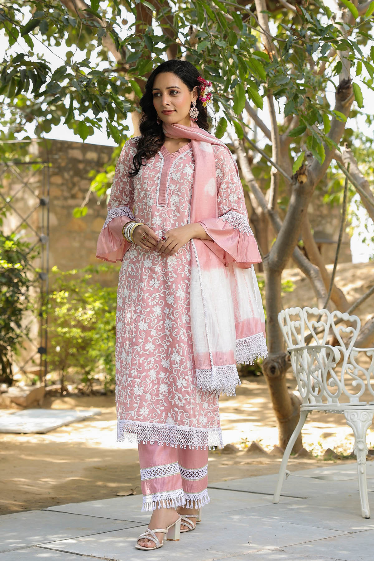 Pink Chanderi Embroidered Straight Cut Suit Set