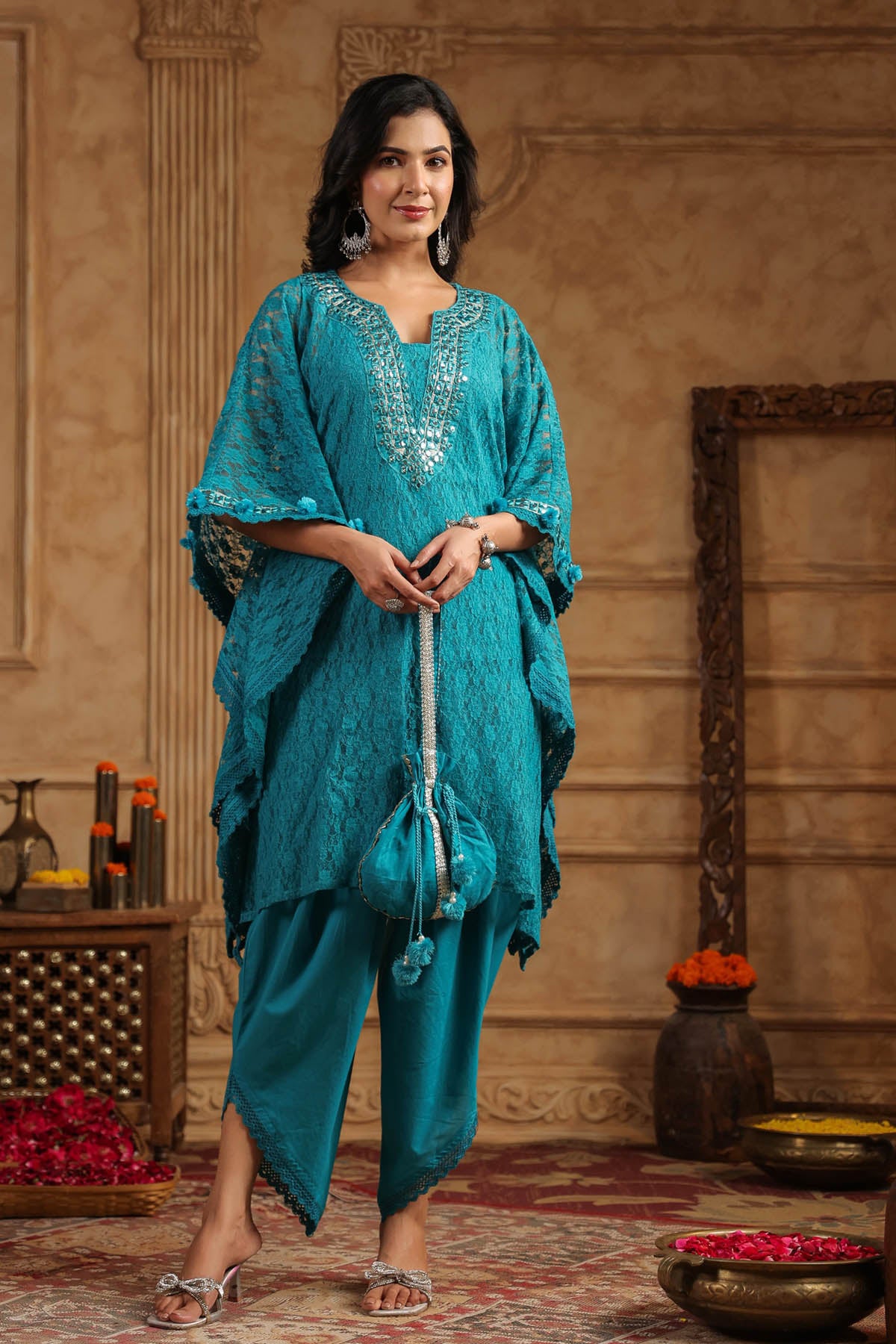 Blue Schiffli Net Kaftan Set With Potli Bag