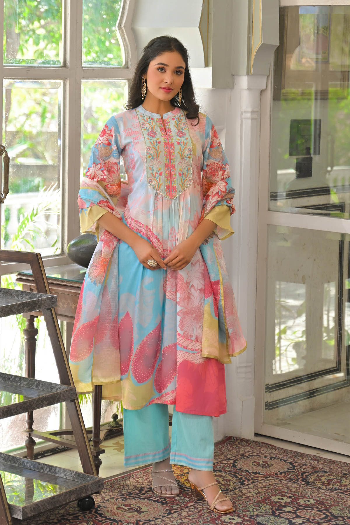 Blue Multicolor Cotton Embroidered A-Line Suit Set | Bairaas