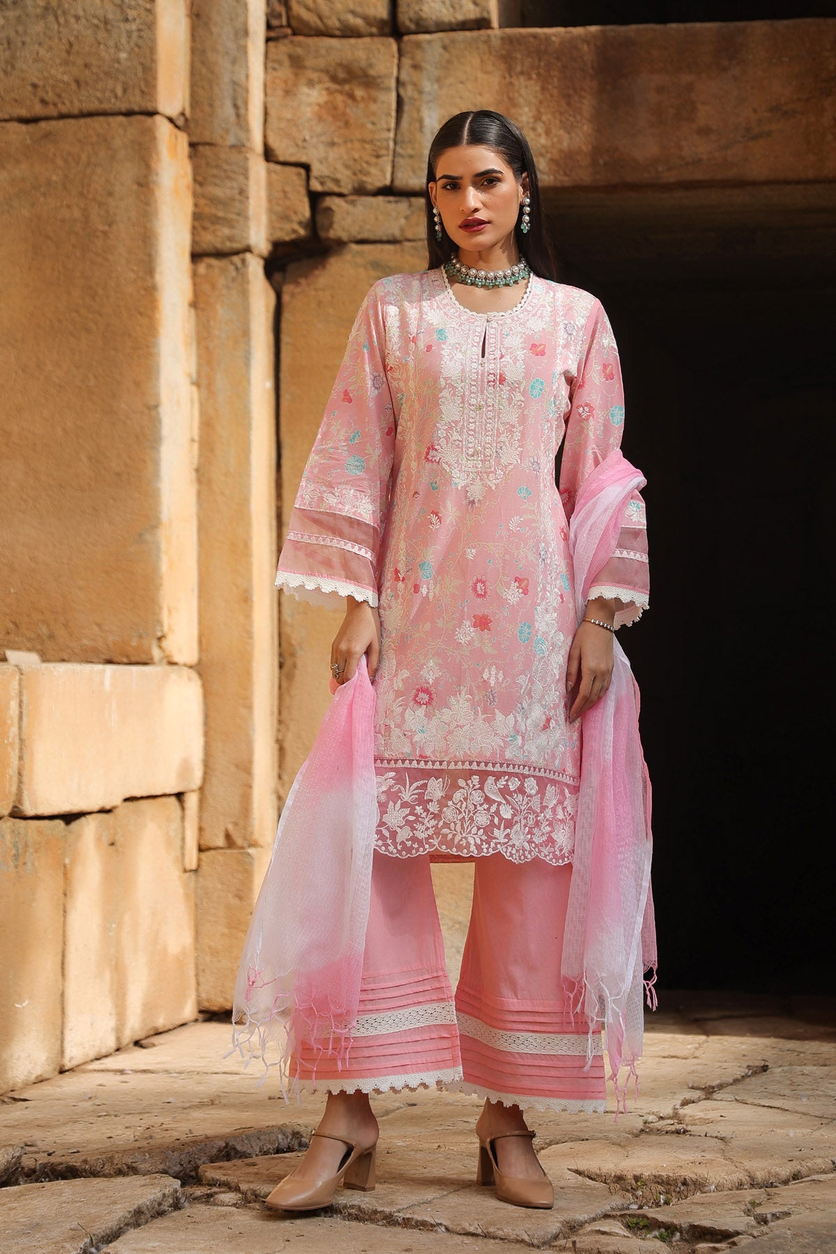 PINK COTTON STRAIGHT KURTA WITH PANT AND DUPATTA