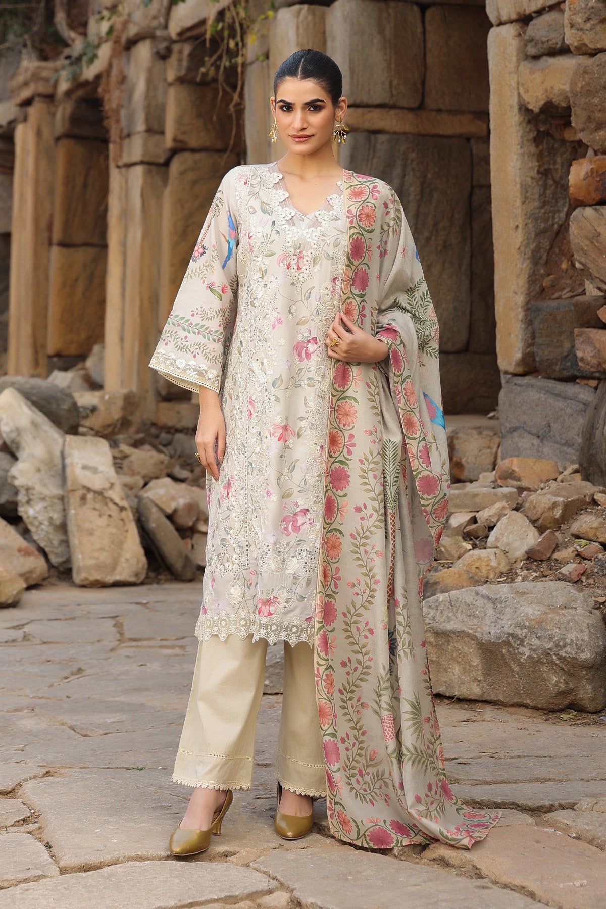 BEIGE COTTON STRAIGHT KURTA WITH PANT AND DUPATTA