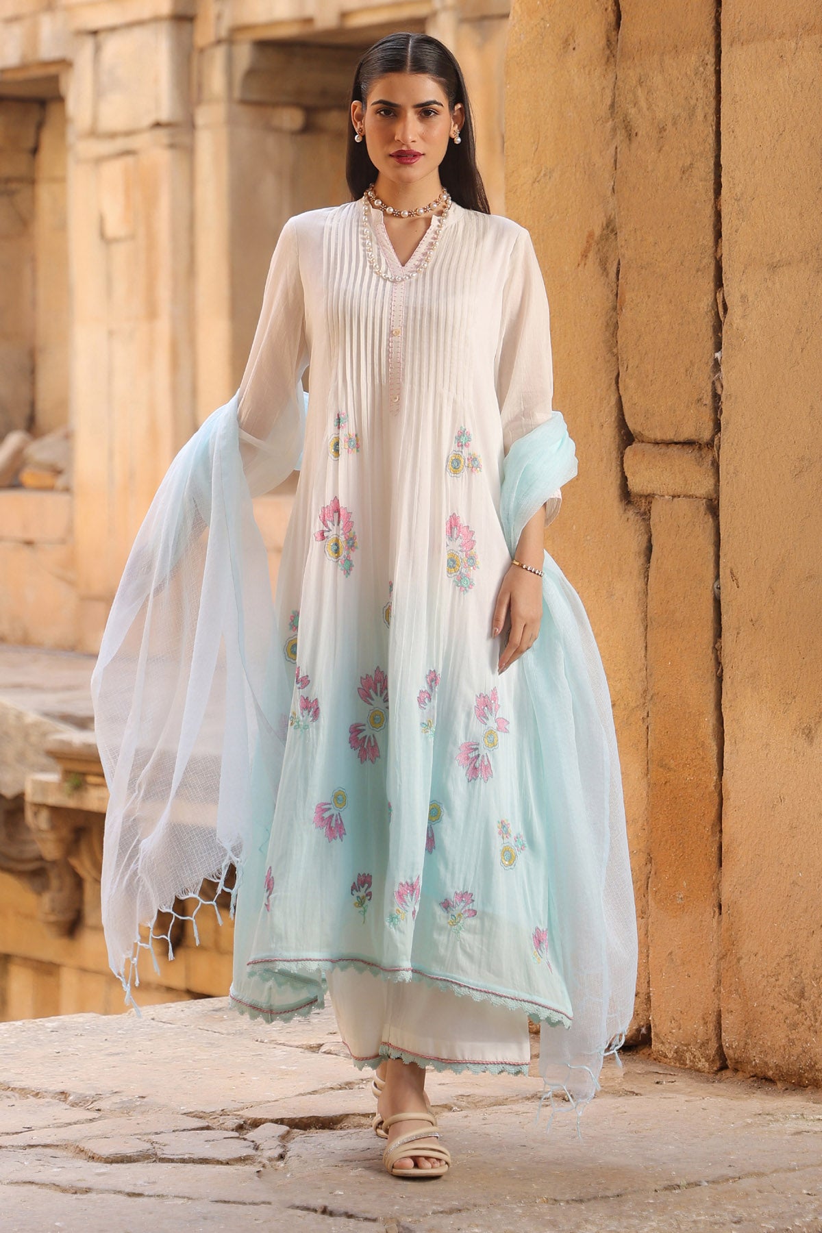 WHITE MULMUL A -LINE KURTA WITH PANT AND DUPATTA