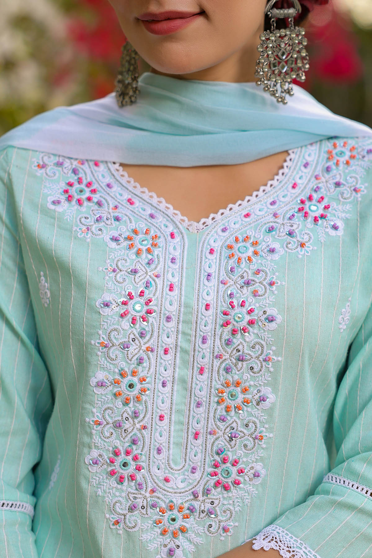 Sky Blue Cotton Handwork Embroidered Straight Suit Set