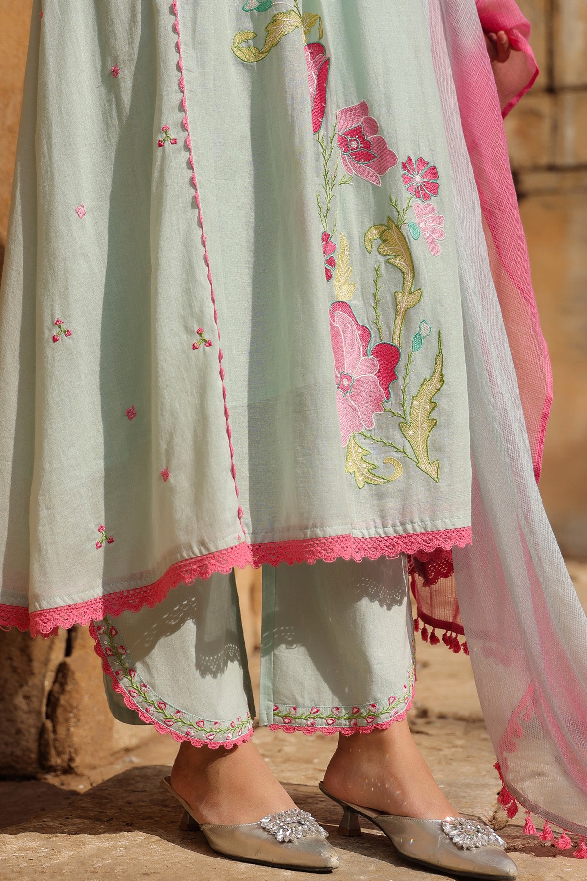 GREEN MULMUL A -LINE KURTA WITH PANT AND DUPATTA