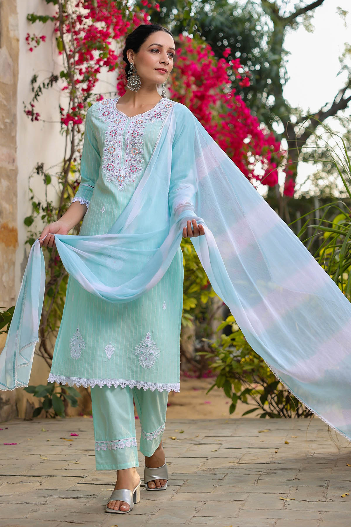 Sky Blue Cotton Handwork Embroidered Straight Suit Set
