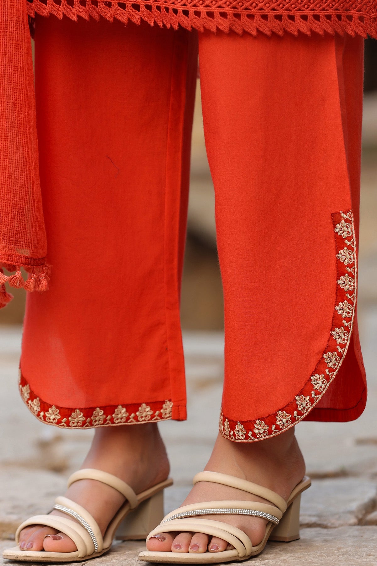 RED COTTON STRAIGHT KURTA WITH PANT AND DUPATTA