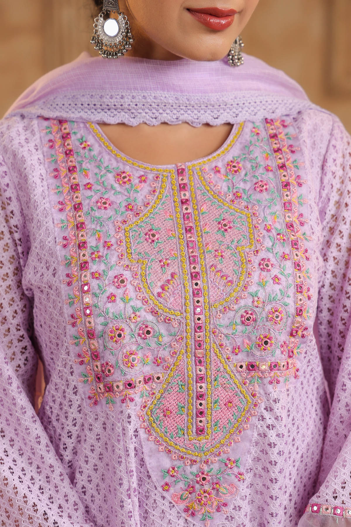 Lavender Schiffli Net Embroidered Anarkali Suit Set