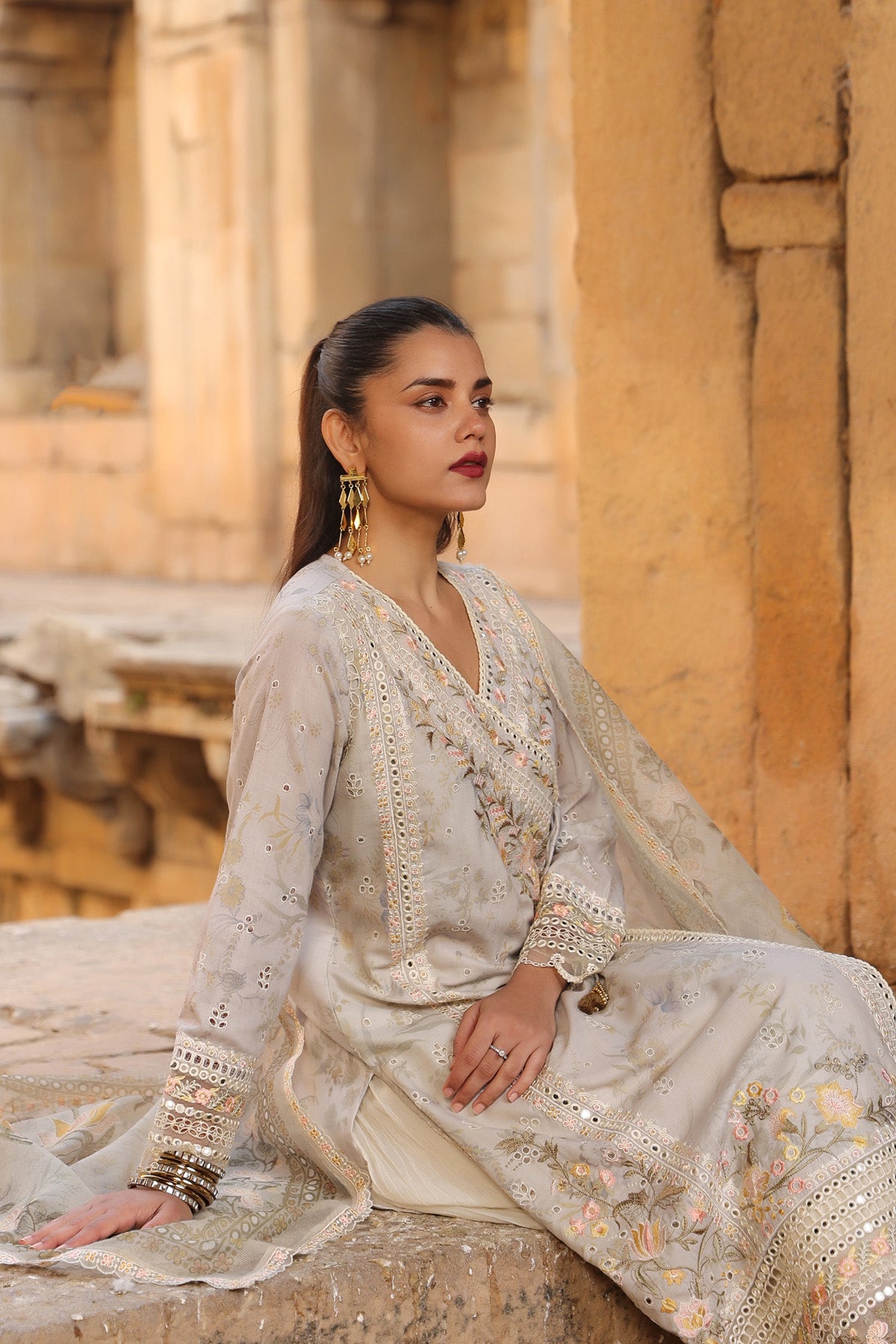 BEIGE COTTON STRAIGHT KURTA WITH PANT AND DUPATTA