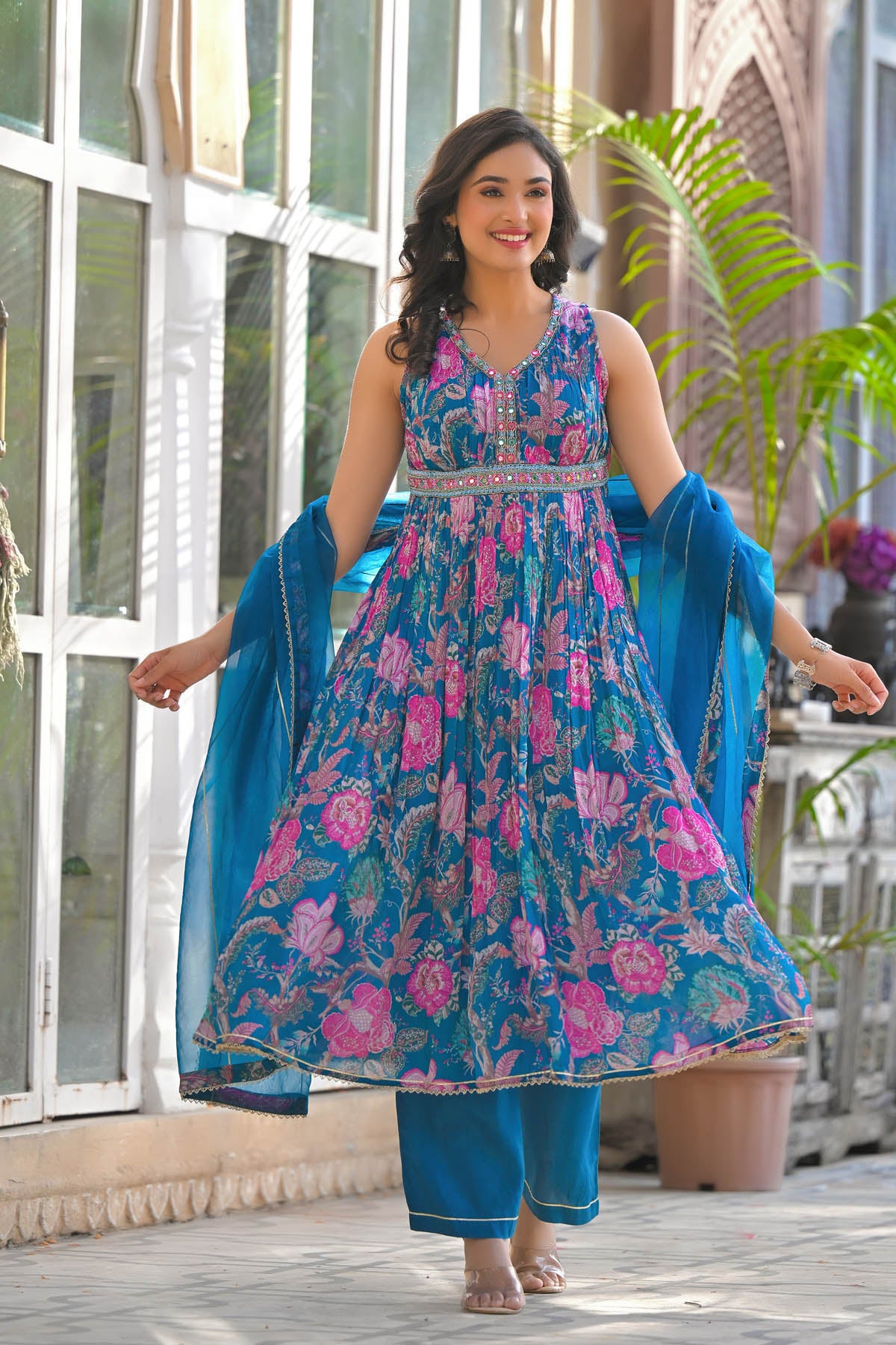 Blue Multicolor Chinon Handwork Suit Set | Bairaas