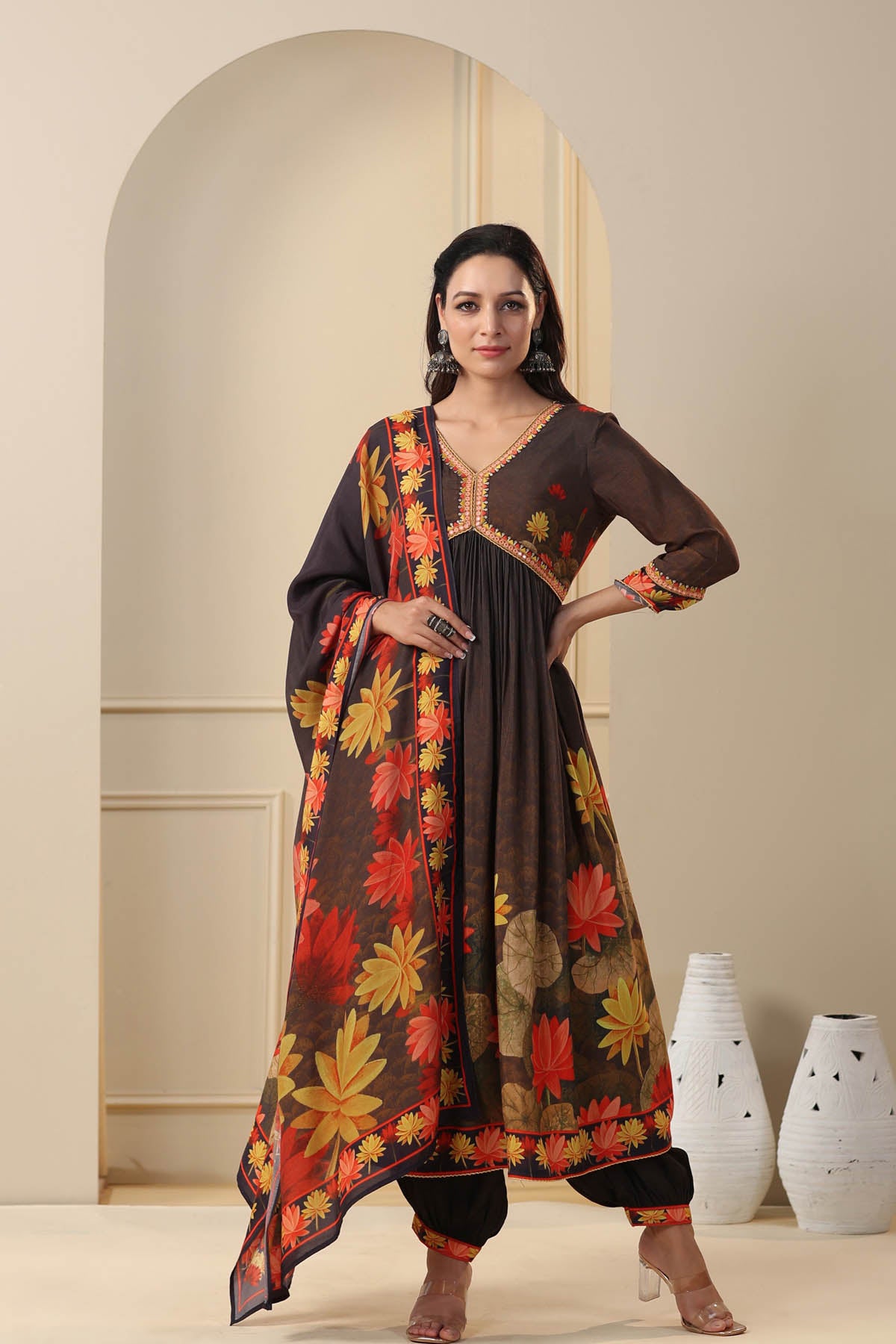 Black Floral Muslin Printed Anarkali Suit