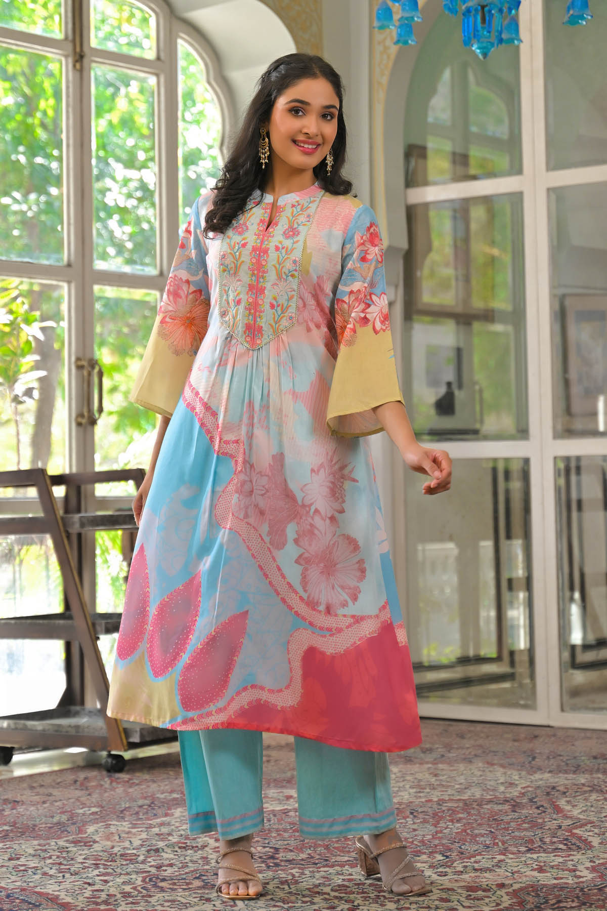 Blue Multicolor Cotton Embroidered A-Line Suit Set | Bairaas