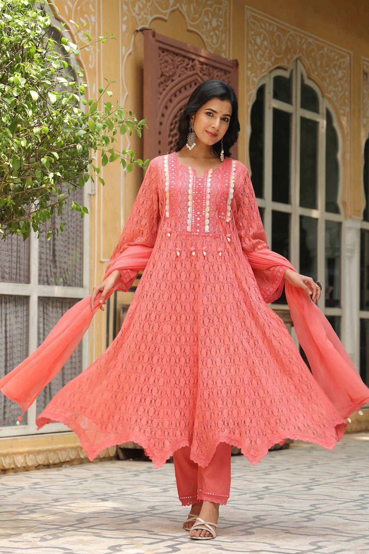 Rust Orange Schiffli Net Embroidered Anarkali Suit Set
