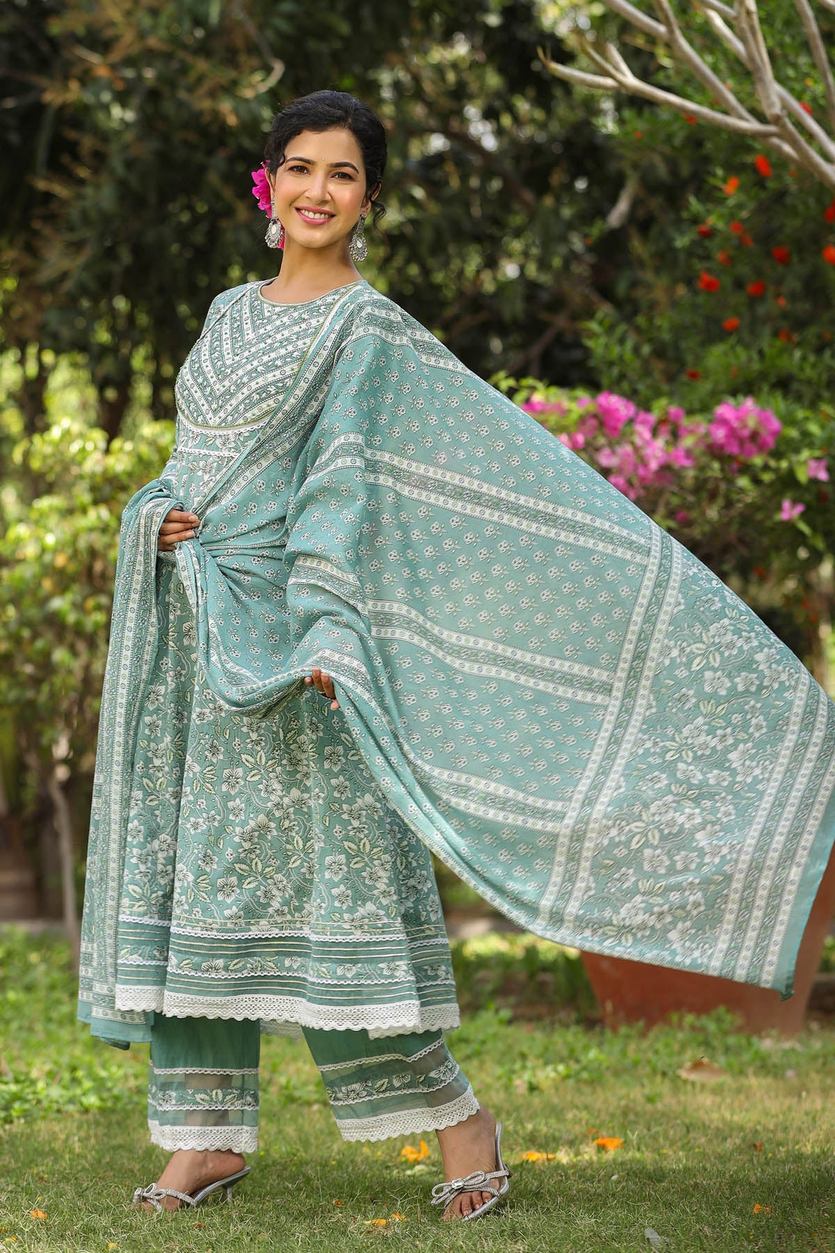 Blue Cotton Handwork Anarkali Suit Set