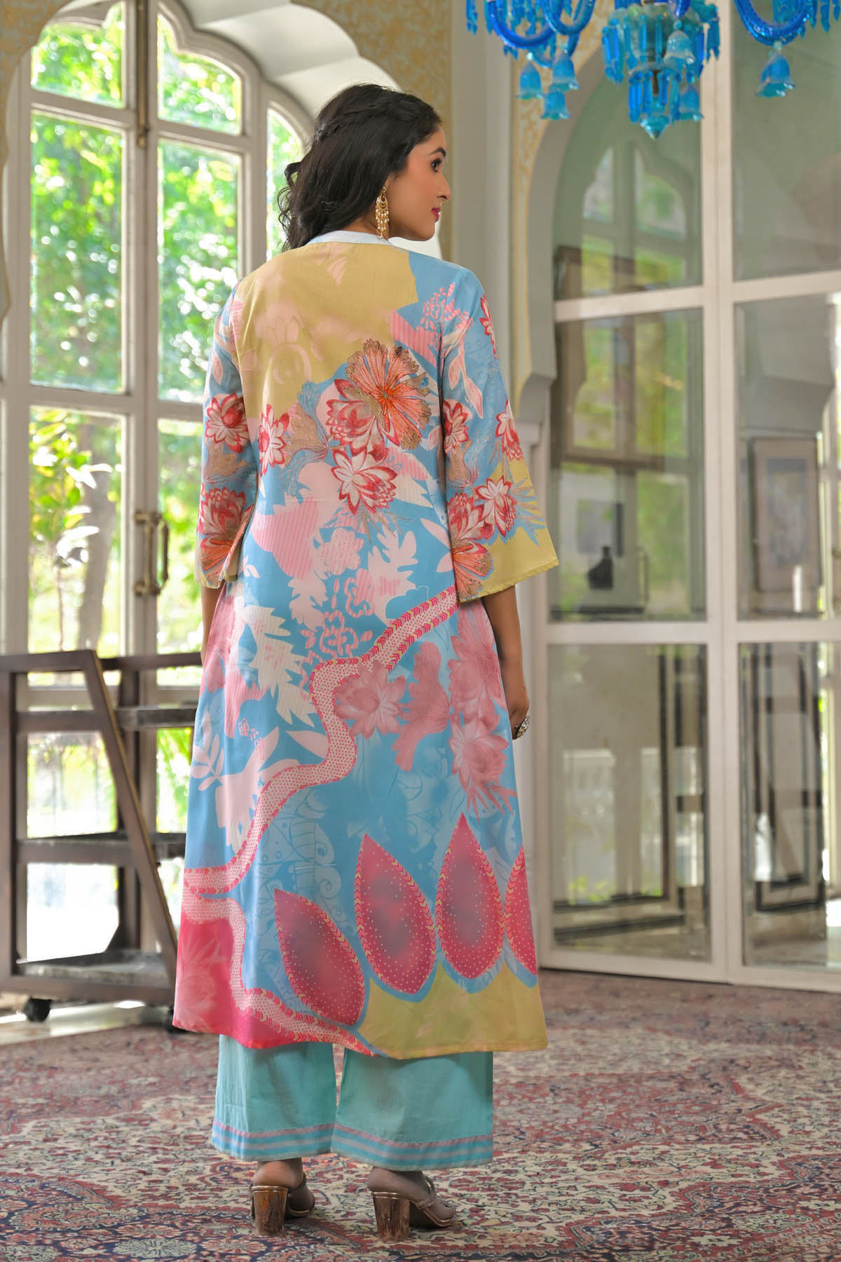 Blue Multicolor Cotton Embroidered A-Line Suit Set | Bairaas