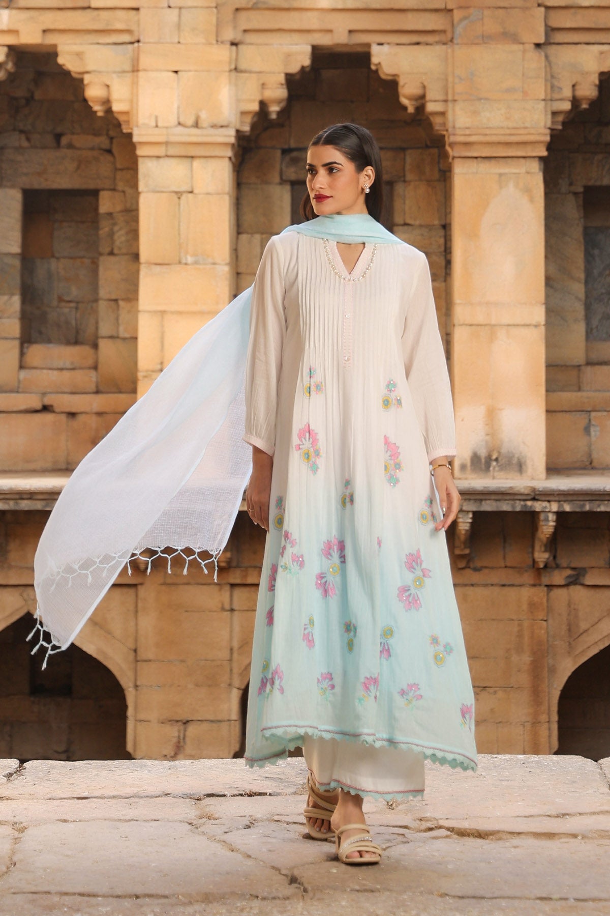 WHITE MULMUL A -LINE KURTA WITH PANT AND DUPATTA