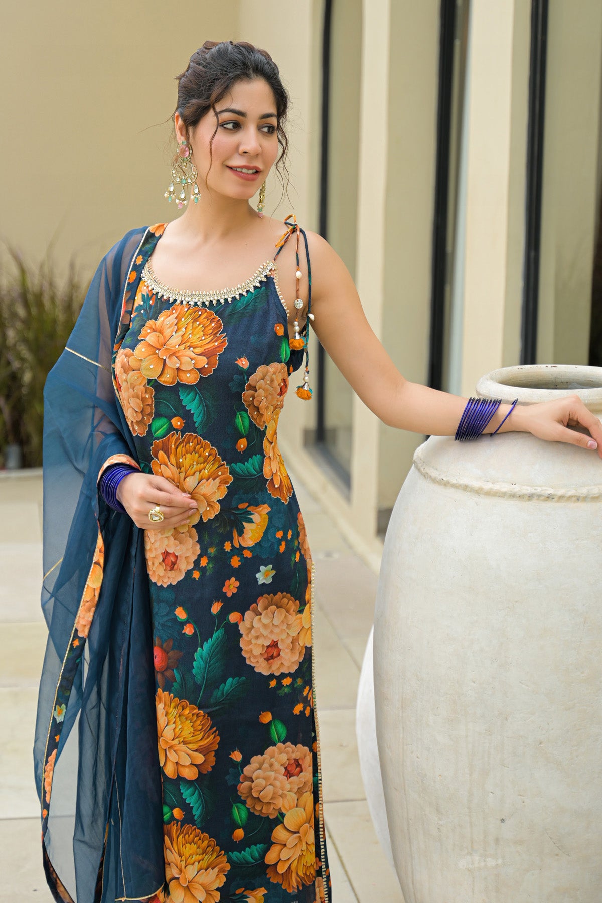 Blue Chinon Gotapatti Straight Cut Suit Set | Bairaas