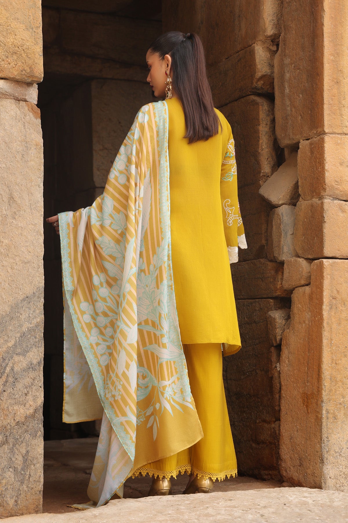 YELLOW MUL CHANDERI STRAIGHT KURTA WITH PANT AND DUPATTA