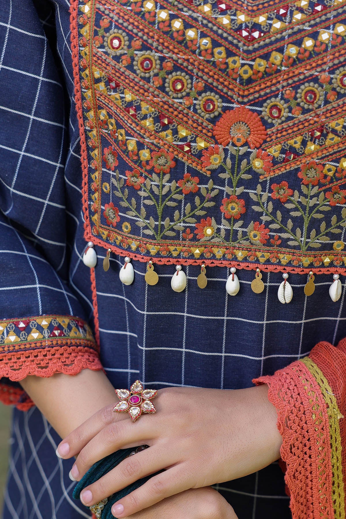 Blue Cotton Embroidered A Line Suit Set