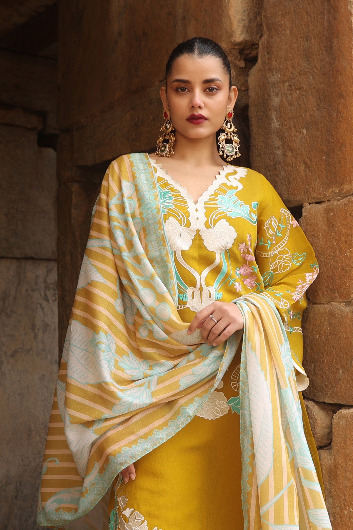 YELLOW MUL CHANDERI STRAIGHT KURTA WITH PANT AND DUPATTA