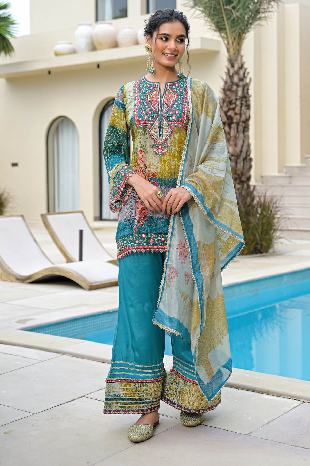 Green Crepe Silk Embroidered Straight Cut Suit Set