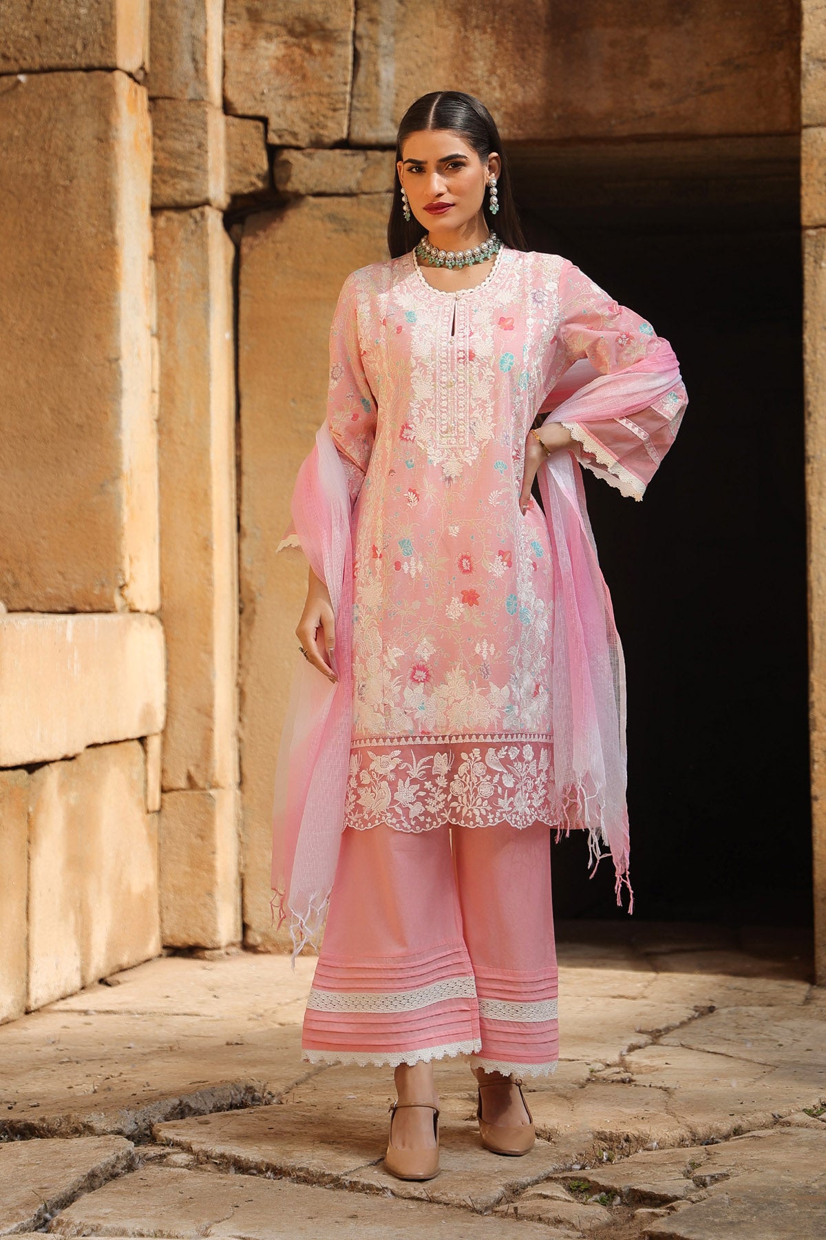 PINK COTTON STRAIGHT KURTA WITH PANT AND DUPATTA