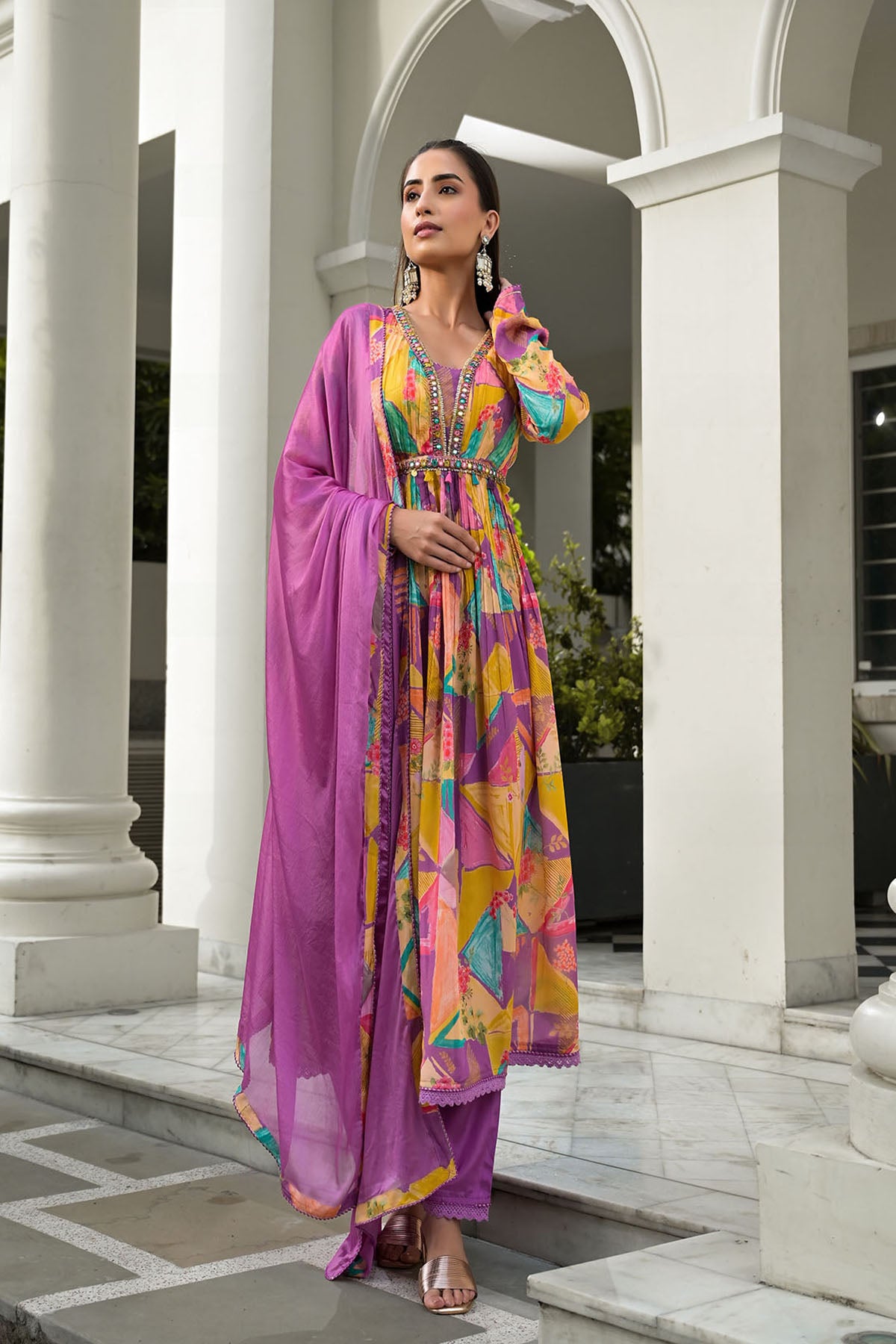 Yellow & Purple Chinon Embroidered Anarkali Suit